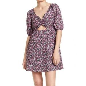 New NSR Delphine Dress Black Pink Floral Mini Waist Cut Out Sz XS